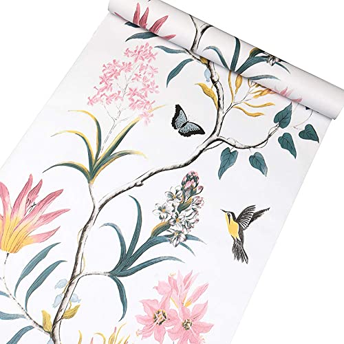 Vinilo autoadhesivo Vintage Floral Birds Muebles Etiqueta de papel tapiz de papel para paredes Cocina Backsplash Gabinetes Estantes Cómoda Cajón Decoración de mesa Extraíble Impermeable 45CMx3M Cover
