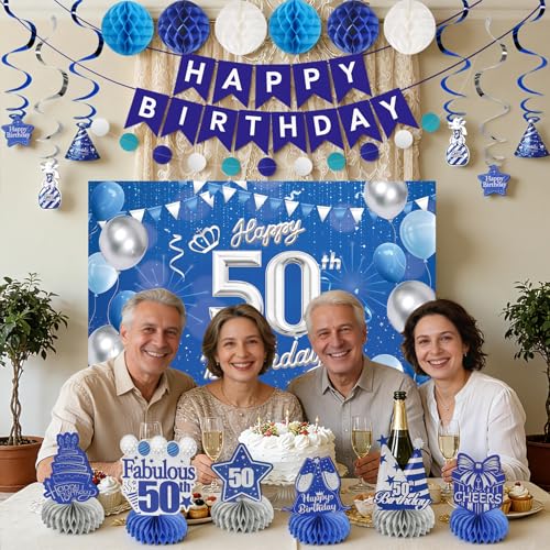 Happy 50th Birthday Party Decoration: Including Birthday Banner Backdrop, Party Table Centerpieces and Hanging Swirl Party Streamers, Birthday Decor for Men and Women (Blue, 50th Birthday) by Yanacc - Used condition - Image 6