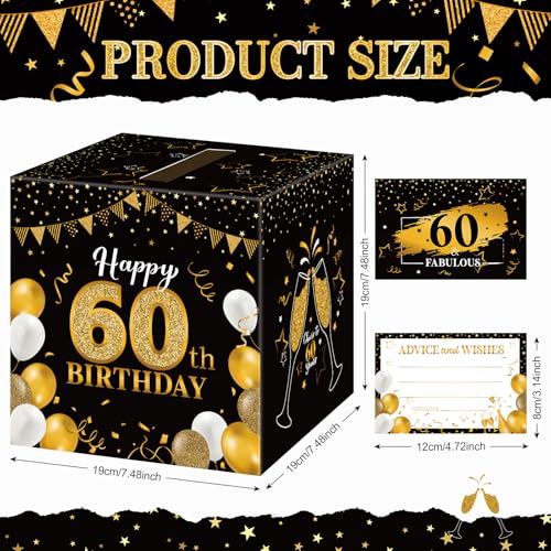 Image of Funrous 60th Birthday Party Message Card Box Cheers to 60 Years Black Gold Advice and Wishes Greeting Card Box for Men Women Birthday Decorations Party Supplies Anniversary Tables Sign Decor
