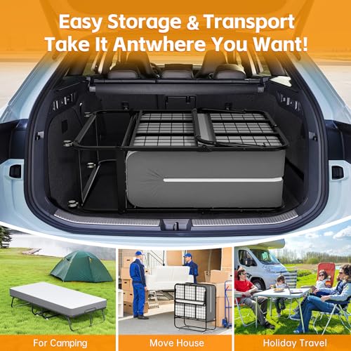Pataku Folding Bed with Mattress, Folded Up Bed, Roll Away Beds for Adults, 75\" x 38\" Portable Roll Away Guest Beds with 5\" Mattress, Foldabled Frame for Guest Room, Small Apartment