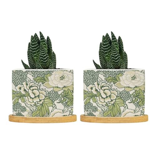 BRUYU5SE Chinoiserie Floral Ceramic Planter Green and White Chinoiserie Floral