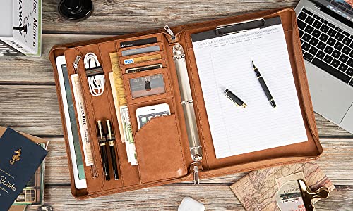 Azxcg Leather Portfolio Binder Clipboard, Vegan Leather 3 Ring Binder Padfolio, Business Portfolio Folder For Letter Size/A4 Legal Pad Zippered Document Organizer For Women/Men, Brown #TOP1