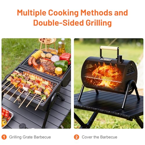 Portable Charcoal Grill with Warming Rack, Wooden Handle, Tabletop BBQ Grill for Outdoor Barbecue Camping Picnic Backyard Patio, Black - Image 6