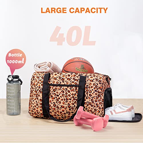Marvolia Gym Bag For Women - 40L Sports Duffle Bag Travel Bag With Shoe Compartment Weekender Bag For Travel Overnight - Crowned Leopard #TOP3