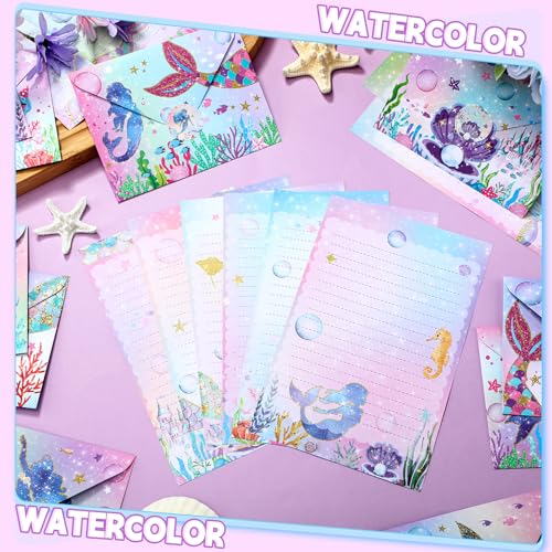 Image of TaoBary 160 Pcs Mermaid Stationery Paper and Envelopes Set 50 Double Sided Lined Stationery Paper with 50 Matching Envelopes and 60 Round Dot Sticker 5.5 x 8.25'' Letter Writing Kit, 10design