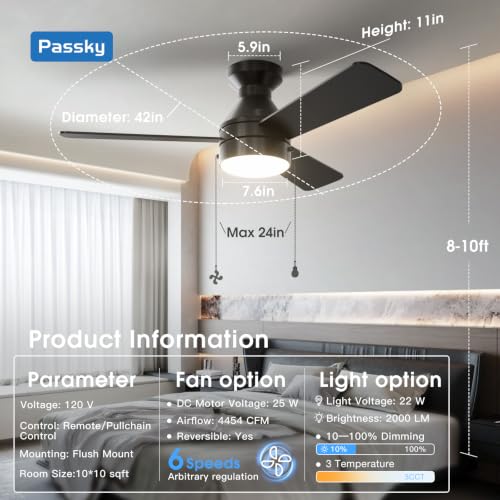 Image of Passky 42 Inch Black Low Profile Ceiling Fan with Light, Pull Chain&Remote | Flush mount, pull chain, remote, 3-color dimmable light, quiet reversible DC motor, easy install, memory, timer, bedrooms