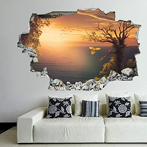 Sea Flying Birds Sunset Ocean Wall Decal Landscape 3D Break Through Wall Sticker Removable Pvc Funny Wall Art Decal Christmas Home Decor Vinyl Mural For Boy Kids Room Living Room #TOP28