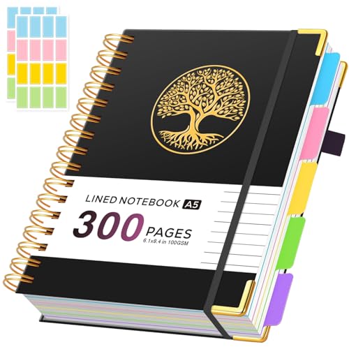 ROBCURSE A5 Spiral Notebook With Dividers, 5 Subject Notebook With 300 Pages/150 Sheets 100GSM Lined Paper, No Bleed, 5 Project Notepad For Writing Note Taking, School Office Supplies, 14.7 X 21 Cm