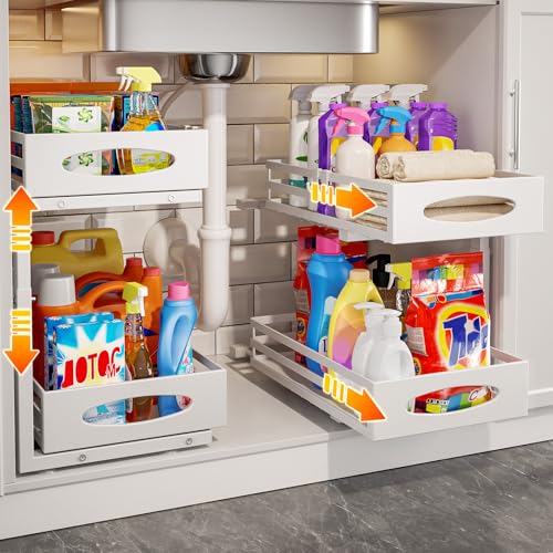 Image of Under Sink Organizer, 2 Tier Under Sink Organizers and Storage, Adjustable Height, Slide out Metal Cabinet Organizers, Pull out Cabinet Storage Drawer Shelf for Kitchen Bathroom (White, 2 Pack)