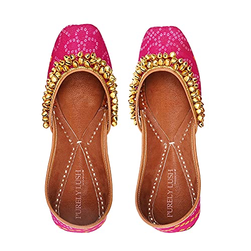 Pink Punjabi Jutti for Women with Ghungroo Handmade Indian Leather Jutti Flats Mojari Khussa Shoes (Numeric_9)