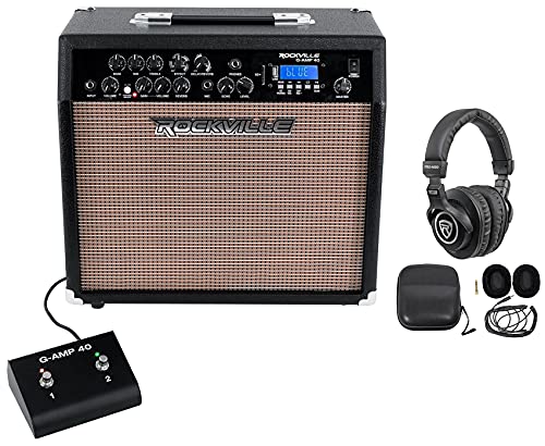 Rockville G-AMP 40 Guitar Combo Amplifier Amp Bluetooth/Mic in/USB/Footswitch Bundle with Rockville PRO-M50 Studio Headphones w/ Detachable Coil Cable, Case with Extra Ear Pad