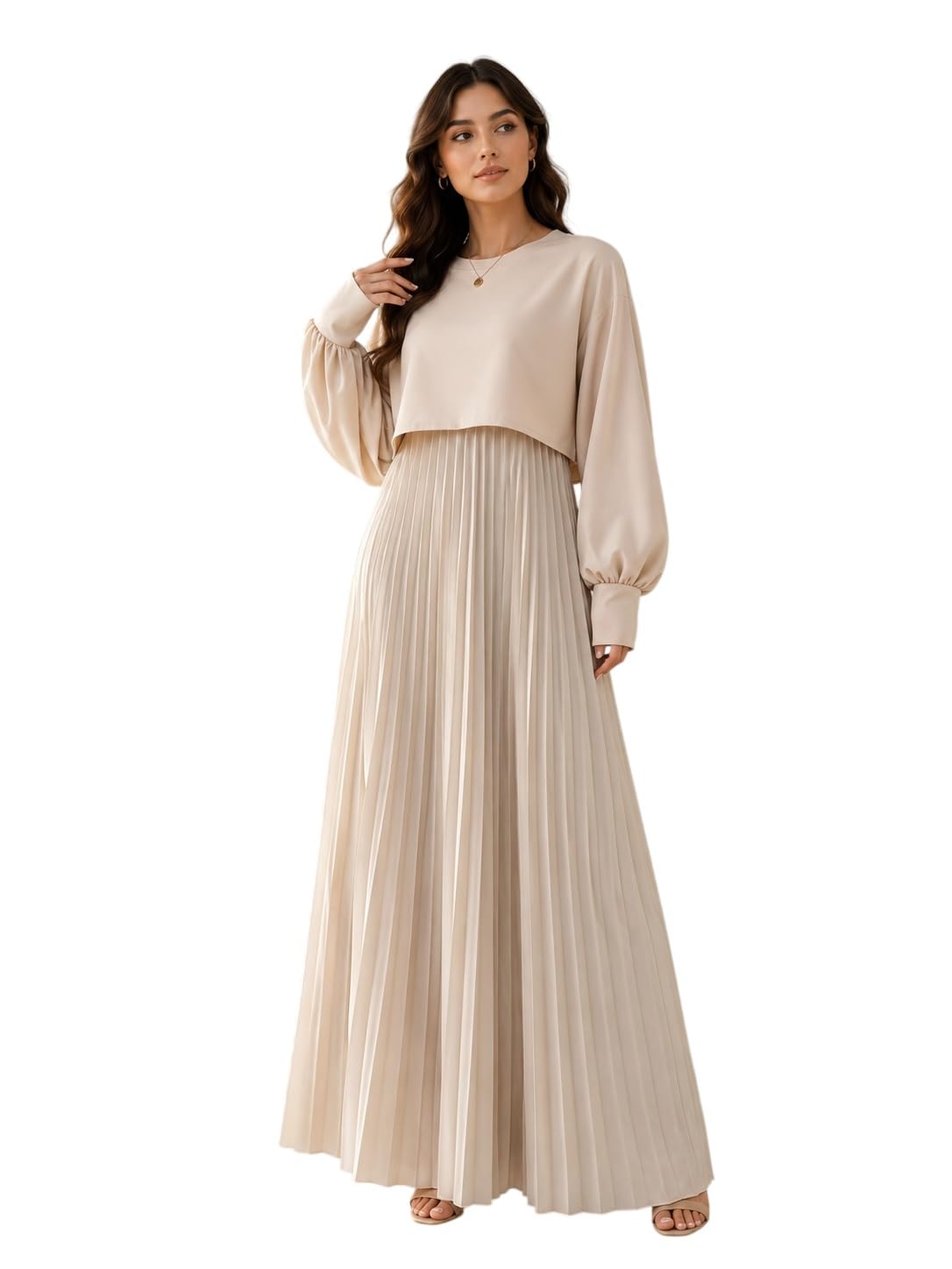 litzo Women’s One Piece Dress - Georgette Solid Color Western Gown | Long Sleeve Round Neck Fit & Flare Flared Hem Design | A-Line Maxi Dress for Women | New Year Party Outfit (NO-17-18)-picture-32