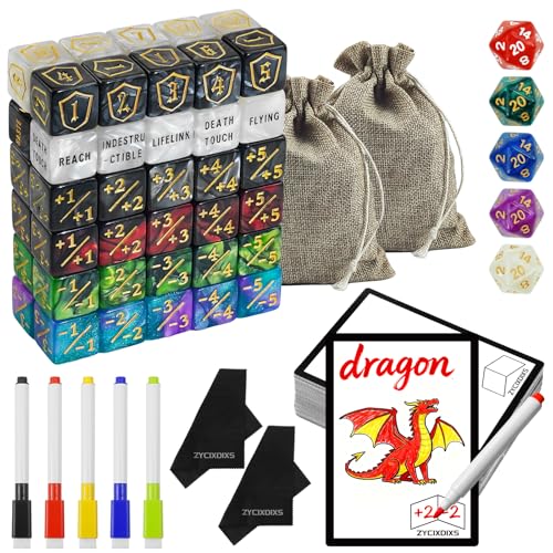 124 Pcs MTG Dice Counters Set with MTG Tokens Dry Erase Blank Cards Double-Sided All-in-One for TCG Players, Commander Decks Games Accessories