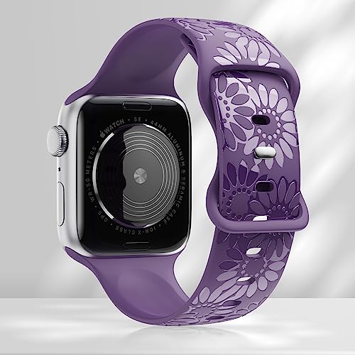 Image of Sunflower Engraved Band Compatible with Apple Watch Bands 38mm 40mm 41mm 42mm 44mm 45mm 49mm Women, Designer Soft Glossy Floral Silicone Strap for iWatch Series Ultra 11 10 9 8 7 6 SE 5 4 3 2 1