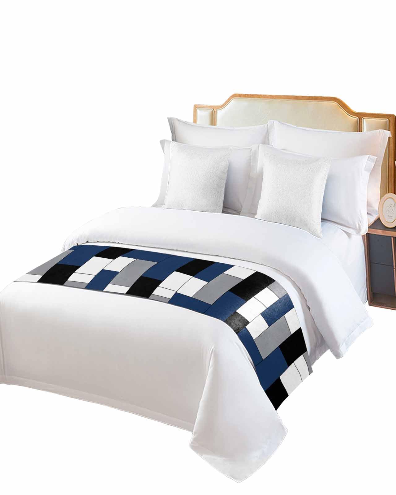 Navy Blue Grey Bed Runner for Twin Size, Modern Blue Geometric Bedspread Protector Slipcover Bed Scarf for Foot Runners & Scarves for Bedroom Hotel Wedding Room 71x20 Inches