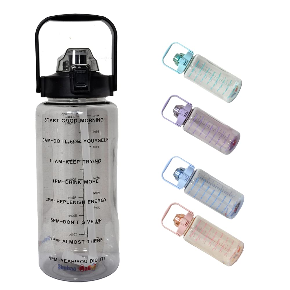 Simbaa Mall™ Motivational Large Water Bottle 2 Liters With Time Markers Reminder, BPA Free Leak-proof Reusable Bottle With Removable Straw & Handle, Clear Big Bottle for Kids, Gym | 5 Colors (black)