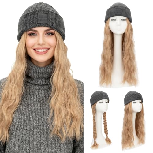 S-noilite Grey Beanie Wig Hat with Hair Attached for Women