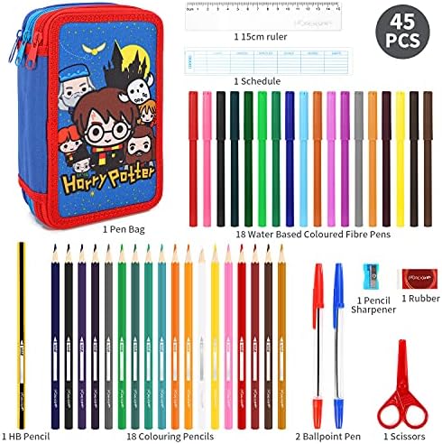 Happy School Harry Potter 3 Tier Large Pencil Case Multi Compartment School Supplies Stationery Colouring Pens Pencils Sets, Blue