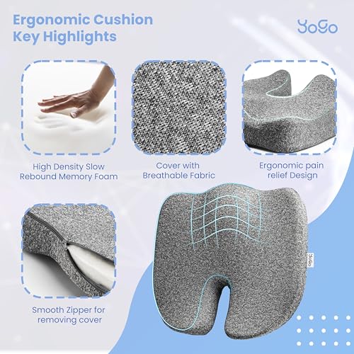 Image of YoGo Coccyx Cushion for Tailbone Pain Relief | High Density and Contoured Seat Cushion for Chair & Car Seat Cushions | Orthopedic Memory Foam with Washable Cover - Back, Sciatica & Posture Support