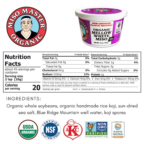 Miso Master Organic Mellow White Miso, Gluten-Free, Organic, Non-Gmo, Vegan, Kosher, Vegan White Miso Paste, 16 Oz Tub #TOP5