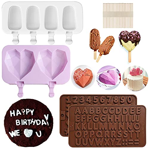 Popsicle Molds, Letter Molds and Number Chocolate Molds, Cake Molds Heart Silicone Molds BPA Free, 4Pcs Reusable Easy Release Cake Pop Mold with 50 Wooden Sticks for DIY Ice Cream Cake Decorations