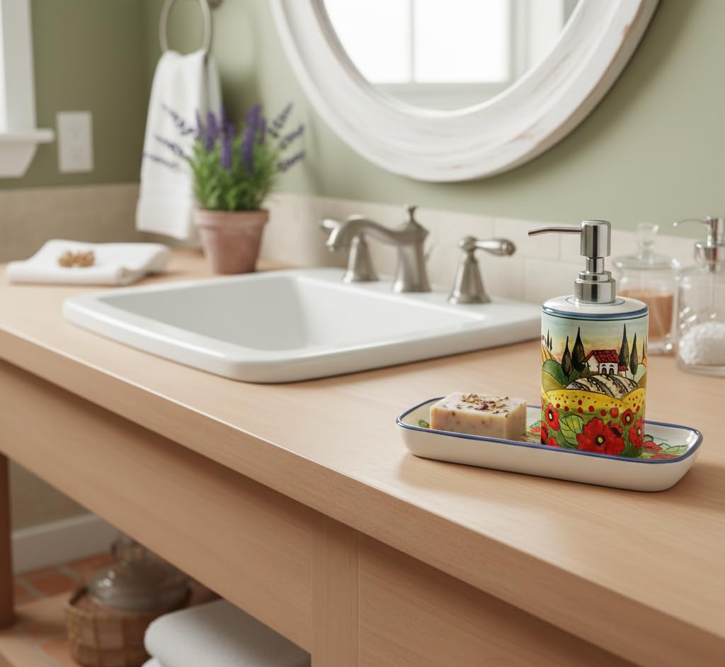CERAMICHE D'ARTE PARRINI - Italian Ceramic Soap Dispenser with Rust Proof Stainless for Bathroom,Kitchen Hand Painted Pattern Tuscan Landscape Poppies Made in ITALY