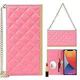 iphone12 Pro Max ケース iphone 12 Pro Max ケース iphone 12Pro Max ケース ショルダー ミラー 化粧鏡 多機能【APOLA】グリッドパターン レザー カード収納 紙幣収納 スタンド機能 アイフォン12 Pro Max 手帳型 おしゃれ 耐汚れ 衝撃吸収 カバー