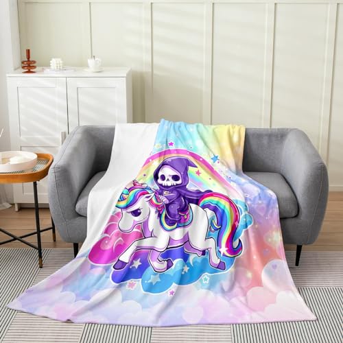 Happy Halloween Bed Blanket All Seasons,Cartoon Ghost Cute Unicorn Flannel Blanket for Room Decor,Watercolor Cloud Rainbow Fleece Blanket for Kids,Super Soft Blanket,Twin 60