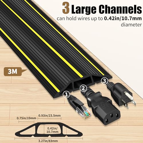 Floor Cable Cover, 3M Rubber Cable Protector Outdoor Floor Cable Tidy with 3 Large Wire Cord Channel, Heavy Duty, Black - Image 2