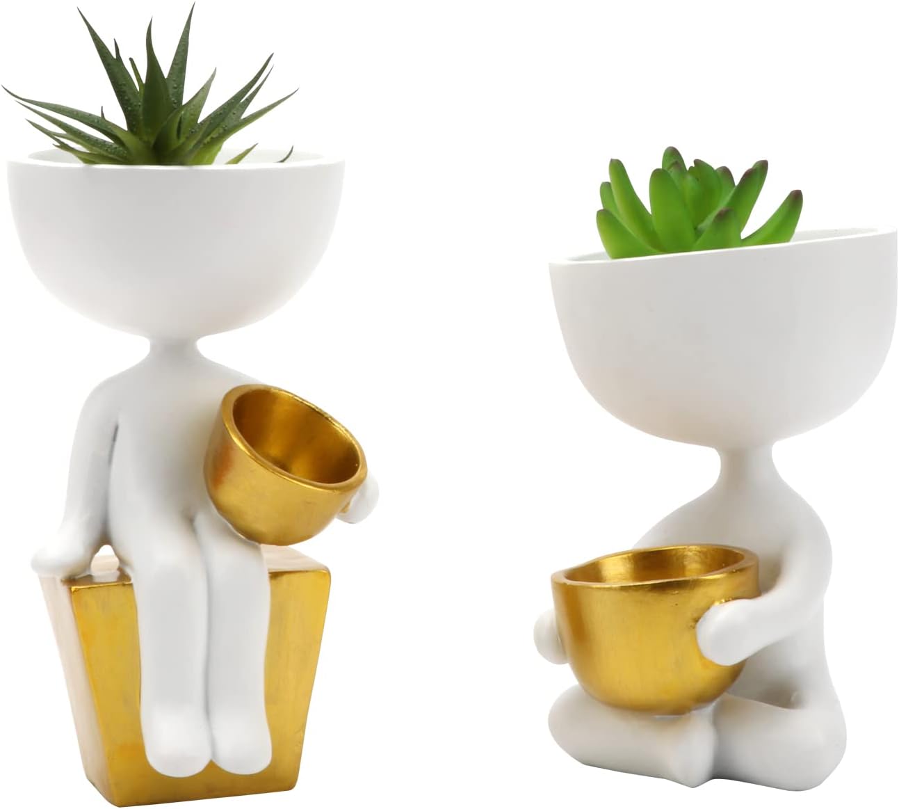 Cute Container Human Shaped Abstract Deco Creative Succulent Plant Pot (White&Gold-2pk)