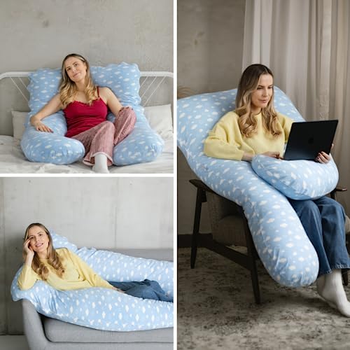 Cojín cómodo original – Almohada ortopédica premium | almohada corporal | almohada para dormir de lado – para un mejor sueño y contra las quejas de espalda, 100 x 150 cm (nubes – algodón)