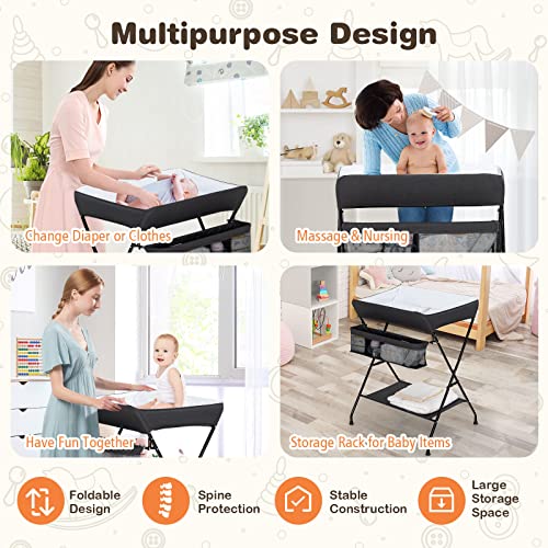 Image of GLACER Baby Changing Table, Portable Diaper Changing Station with Large Storage Basket & Shelf, Waterproof Surface, Non Slip Foot Covers, Mobile Foldable Nursery Organizer for Infant (Black)