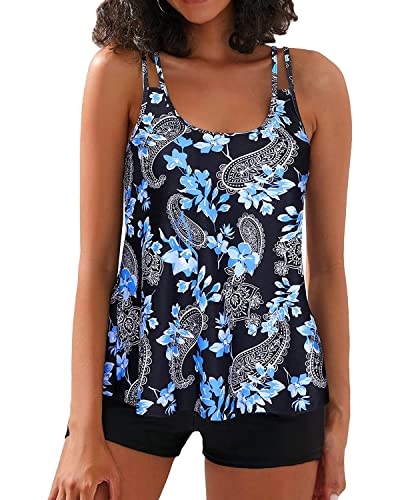 Yonique Womens Two Piece Swimsuits Tankini Top With Boy Shorts Tummy Control Bathing Suits Athletic Swimwear Blue Flower L thumb #4