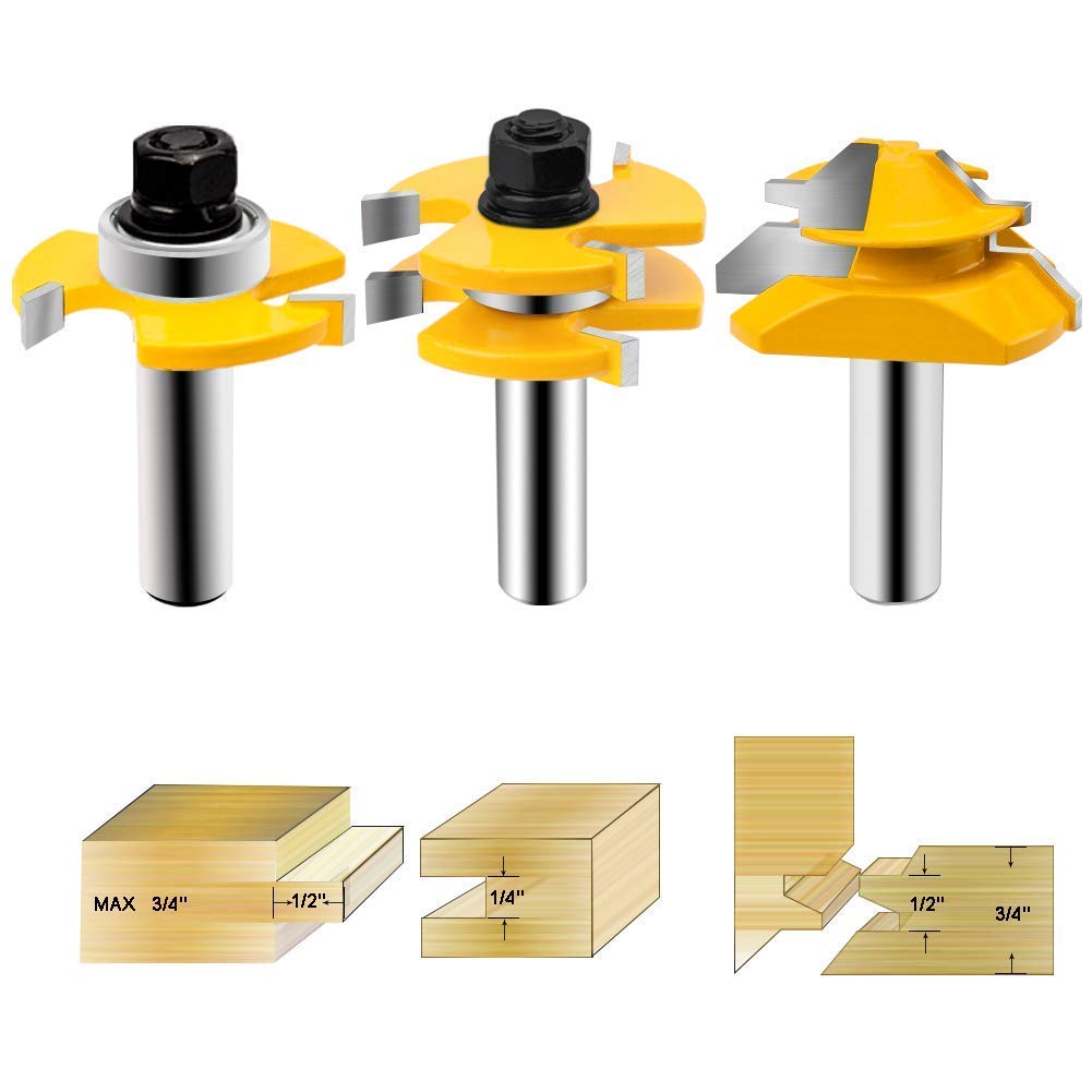 Tongue and Groove Router Bit,Baowox1/2 Inch Shank+45°Lock Miter Router Bit Wood Milling Cutter For Doors, Tables, Shelves, Walls, DIY Project