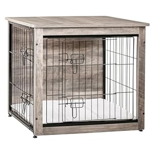 DWANTON Dog Crate Furniture with Cushion, Wooden Kennel Table with Double Doors, Indoor Dog House, Small/Medium/Large/Extra Large Size, 27.2″ L, Greige