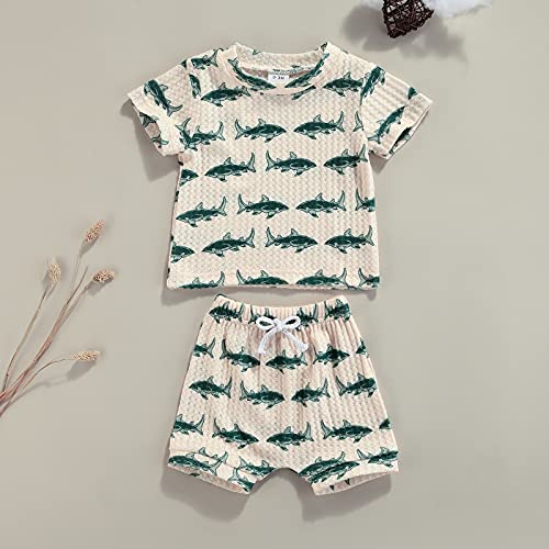 Newborn Baby Boys Summer Cute Clothes Sets 2Pcs 0-18M Animal Printed Short Sleeve Pullover T Shirts Tops Shorts (Beige , 0-3 Months ) #TOP2