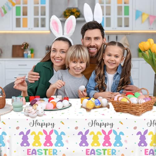 Image of CMUSKO Happy Easter Tablecloth Decoration, 3pc Colorful Bunny Tablecloth Rectangle Eggs Table Cover for Spring Holiday Decorations Supplies
