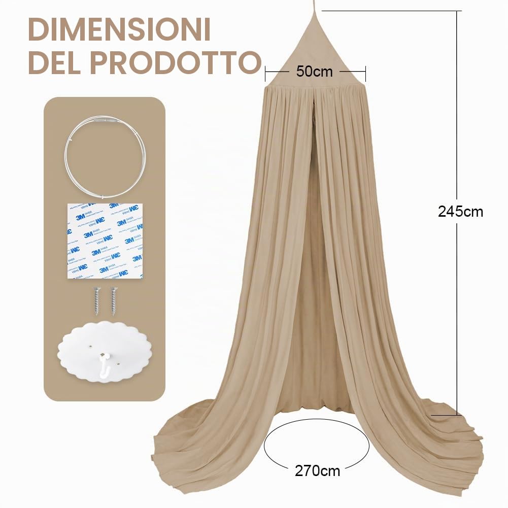 Aolso Baldacchino per bambini e bambine, 245 cm, tenda per letto rotondo, lettino con tenda sospesa, zanzariera, crepe (beige)