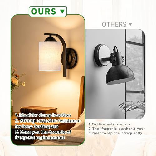 Image of 2-Pack Wall Sconces for Bedroom and Bathroom, Matte Black Farmhouse Wall Light Fixtures with Fabric Shade, Modern Vanity Wall Lamps for Living Room, Hallway, Kitchen