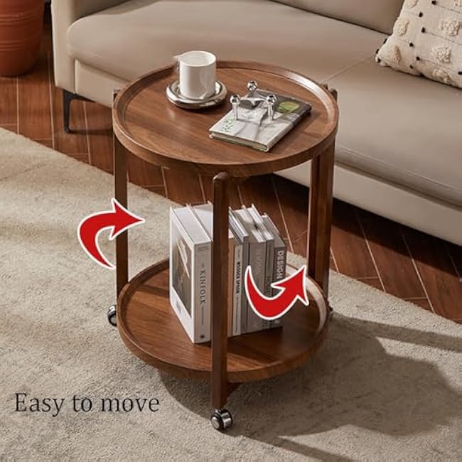 Wood Round Mobile Shelving Unit Organizer,Trolley Organizer Serving Cart,Mobile Storage Cart for Living Room Kitchen Bathroom(Brown)-uFsJHcBw