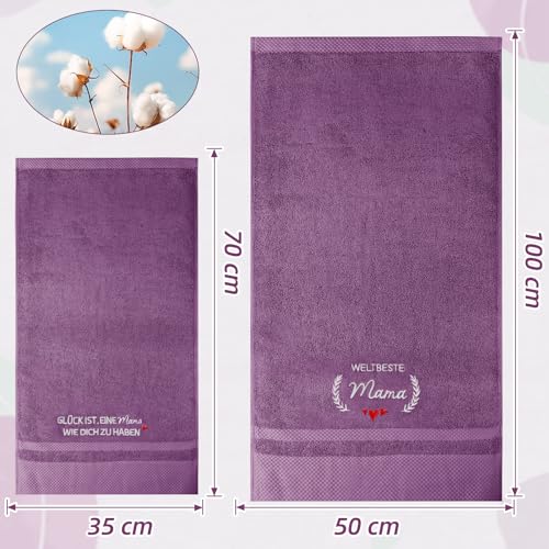 Giftota Mama Geschenk 2 teilig Handtuch Set 100% Baumwolle Bestickt Handtücher Lila, Geschenke für Mama zum Geburtstag Muttertag - Badehandtuch 50 x 100 cm + Handtuch 35 x 75 cm
