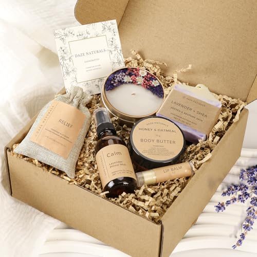 Daze Naturals Bath Gift Set, Spa , Self Care Products for Women, Lavender & Cream Soap Bar, Calm Pillow Mist, Bath Bomb & Shower Steamer, Body Butter and Lip Balm 2.1 oz