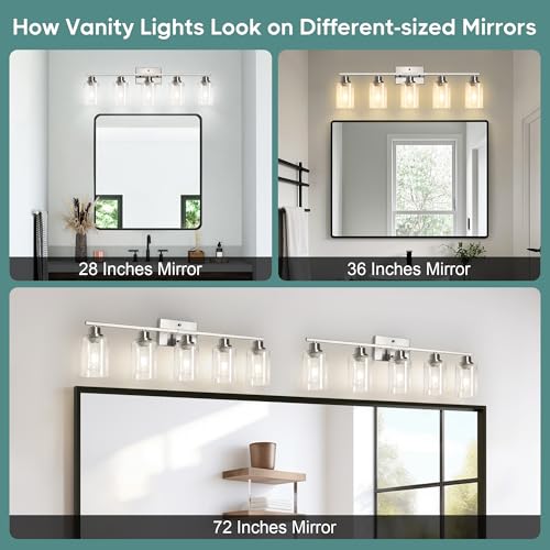 Image of Ascher Bathroom Light Fixtures, 5-Light Vanity Light Over Mirror, Brushed Nickel Wall Sconces with Clear Glass Shades, Wall Lamp for Living Room Bedroom, E26 Base(Bulbs Not Included)