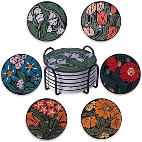 STARUBY Coasters Absorbent Ceramic Coaster Drink Coasters with Cork Back Beautiful Artistic Flowers Set of 6 Round Coaster Non Slip for Coffee Table Wine Glass Home Bar 4 Inch, Colorful Cover