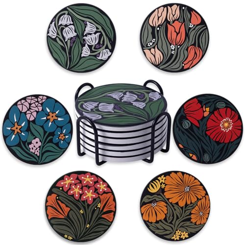 STARUBY Coasters Absorbent Ceramic Coaster Drink Coasters with Cork Back Beautiful Artistic Flowers Set of 6 Round Coaster Non Slip for Coffee Table Wine Glass Home Bar 4 Inch, Colorful