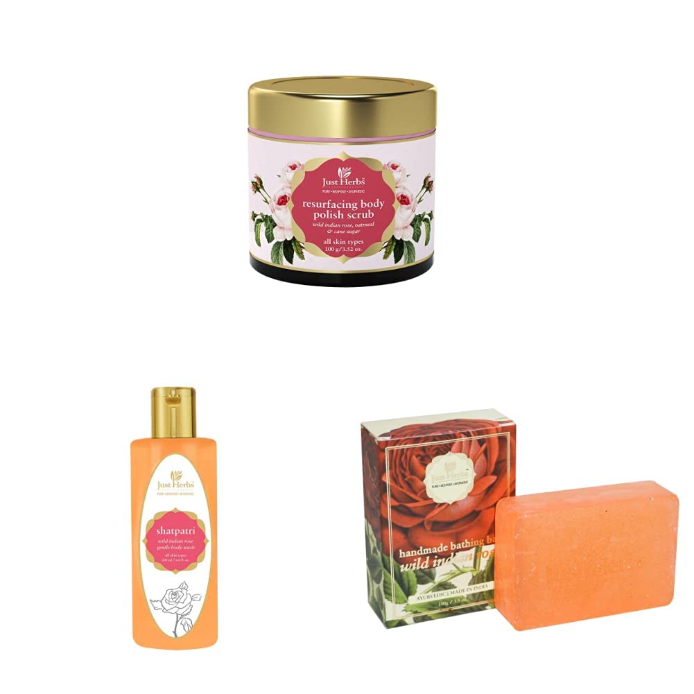 Just Herbs Rose Bathing Essential Kit with Body Scrub, Body Wash & Bathing Bar