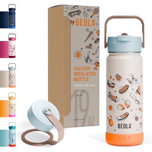 BEOLA 550ml Kids Water Bottle 18/8 Stainless Steel Double Wall Insulated thermo Bottle with Straw Lid and Wide Mouth Hot Cold Liquids Sports School Bottle (19oz Sports Day)