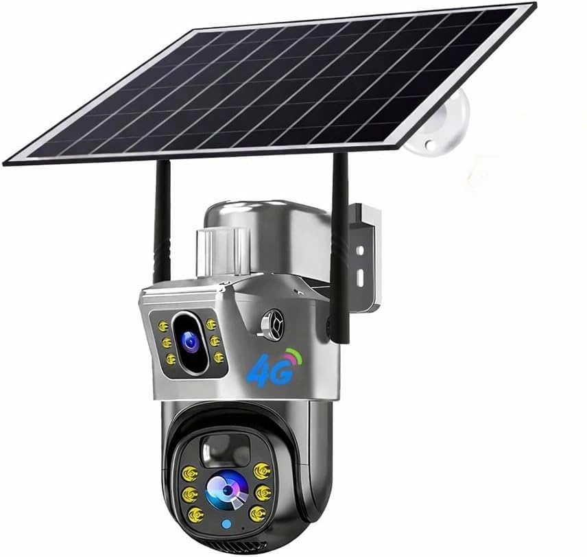 Cámara de Vigilancia Solar 4G Para Exterior, Cámara PTZ Inalámbrica Con Doble Lente y Doble Pantalla, Audio Bidireccional, Detección de Movimiento, Visión Nocturna, IP66 Impermeable