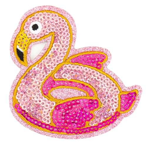 Herxion Summer Iron On Patches, Pink Flamingo Sequin Embroidered Patches Applique, Glitter Sparkle Swimming Ring Beach Iron On Patch for Clothes, Clothing, Jackets, Backpacks, Vest, Jeans & Hats.