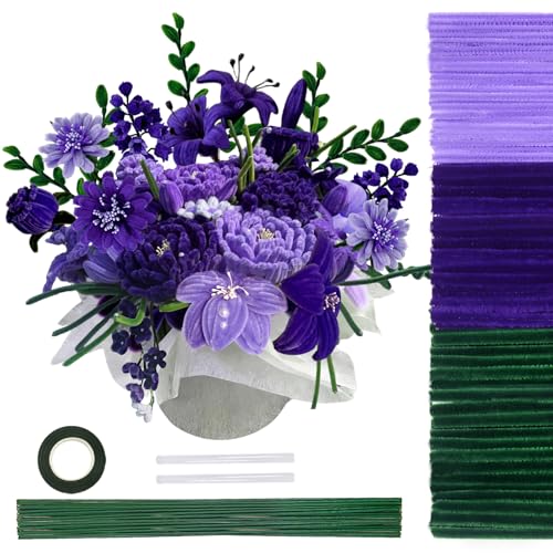 TOAOB 200 Stück 3 Farben Pfeifenputzer Bunt Set mit Blumendraht und Blumenband Chenille Stems Pipecleaners für Tulpenstrauß Bastelprojekte und Dekorationen